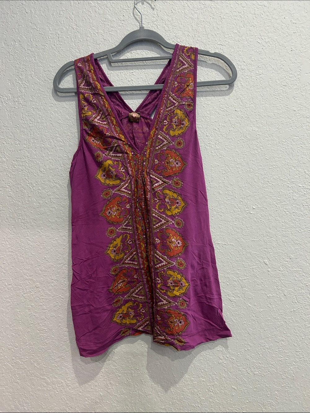 Purple Embroidered V-Neck Tank Top with Multicolor Accent